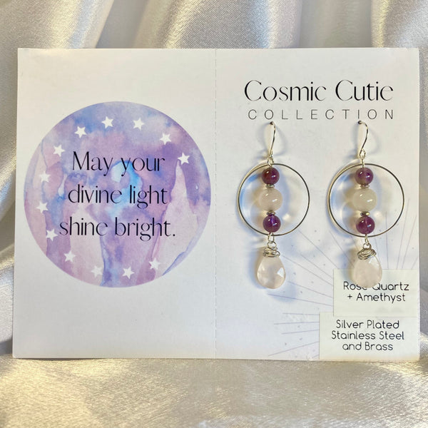 Amethyst and Rose Quartz gemstone earrings with silver hoops. Earrings with a detachable affirmation card with a channeled message. Infused with healing energy using Light Language.