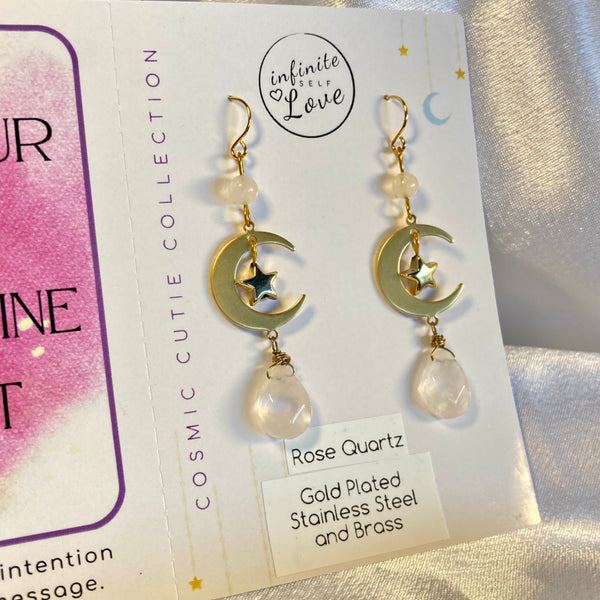 Rose Quartz Moon and Star Dangles