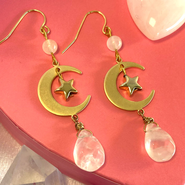 Rose Quartz Moon and Star Dangles