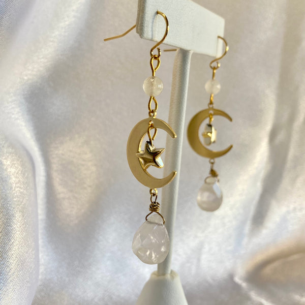 Rose Quartz Moon and Star Dangles