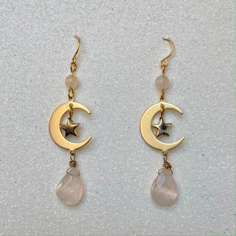 Rose Quartz Moon and Star Dangles