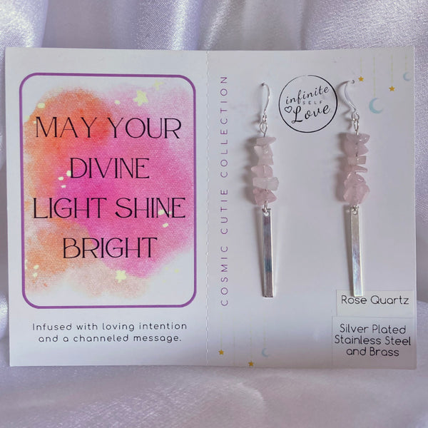 Rose quartz gemstone earrings with silver plated rectangles. Infused with healing energy channeled through Light Language. Earrings come with a detachable affirmation card with a positive message.