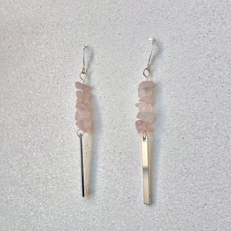 Rose quartz gemstone earrings with silver plated rectangles. Infused with healing energy channeled through Light Language.
