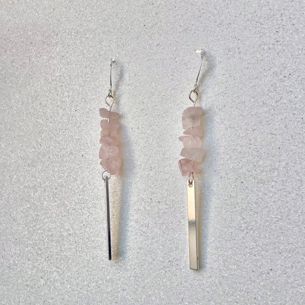 Rose quartz gemstone earrings with silver plated rectangles. Gemstone jewelry Infused with healing energy channeled through Light Language for self love 