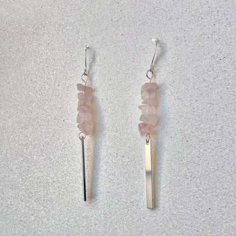 Rose quartz gemstone earrings with silver plated rectangles. Gemstone jewelry Infused with healing energy channeled through Light Language for self love 