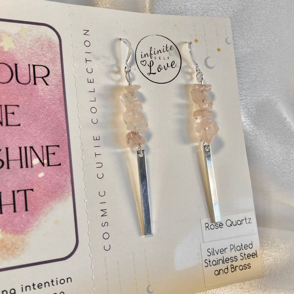 Rose quartz gemstone earrings with silver plated rectangles. Infused with healing energy channeled through Light Language. Earrings come with a detachable affirmation card with a positive message.