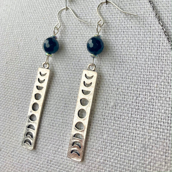 Silver Moon Phases Necklace and Earring Set, Stainless Steel and Black Obsidian Gemstones