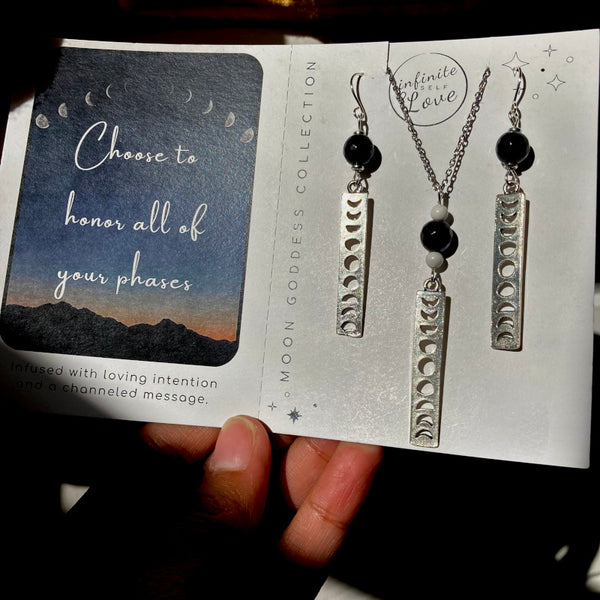 Silver Moon Phases Necklace and Earring Set, Stainless Steel and Black Obsidian Gemstones