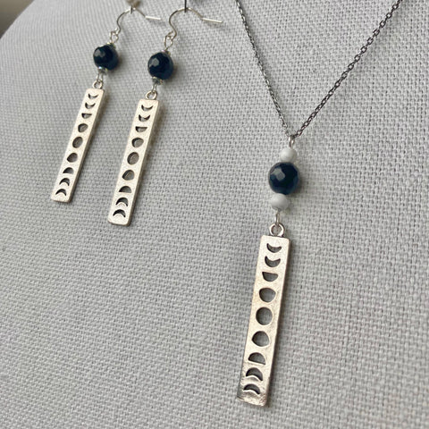 Silver Moon Phases Necklace and Earring Set, Stainless Steel and Black Obsidian Gemstones