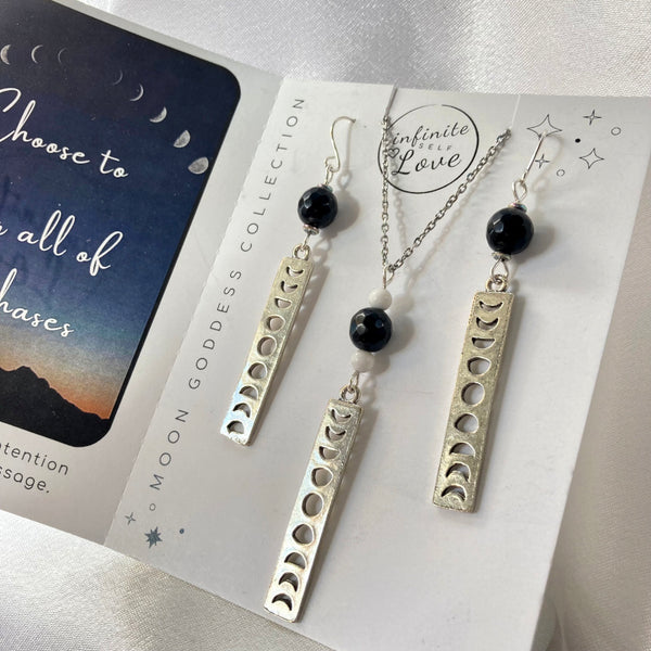 Silver Moon Phases Necklace and Earring Set, Stainless Steel and Black Obsidian Gemstones