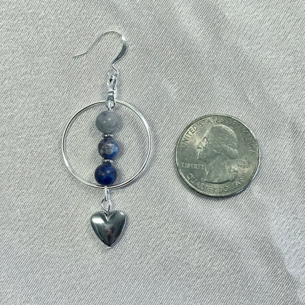 Sodalite gemstone silver earrings with silver heart and stainless steel hoops.