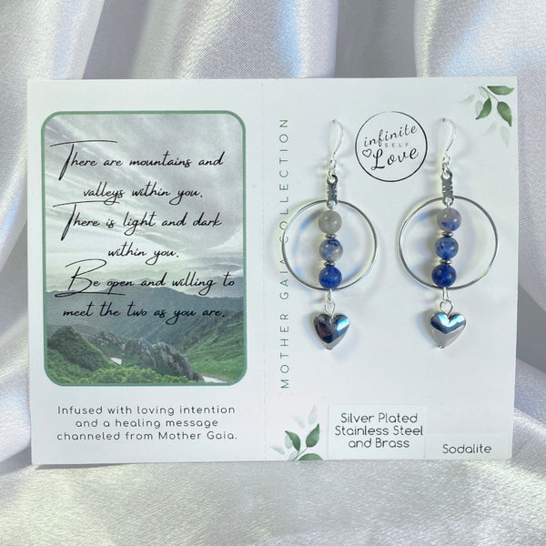 Sodalite gemstone silver earrings with silver heart and stainless steel hoops. Earrings with a positive affirmation card with a channeled message from Mother Gaia using Light Language.