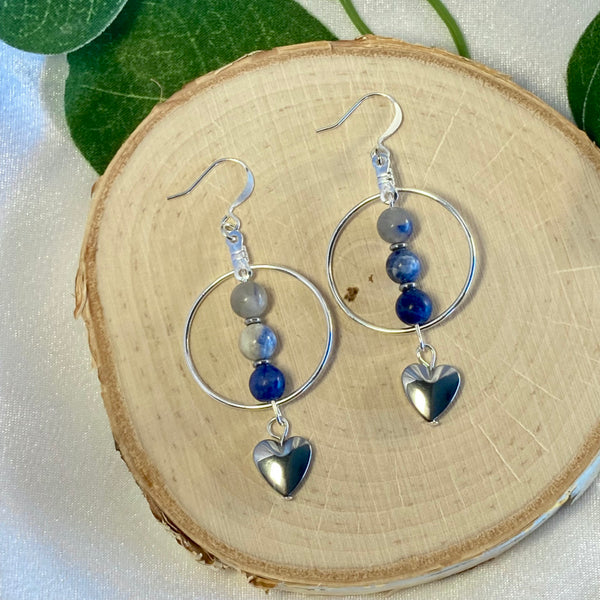 Sodalite gemstone silver earrings with silver heart and stainless steel hoops
