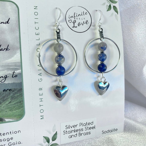 Sodalite gemstone silver earrings with silver heart and stainless steel hoops. Earrings with a positive affirmation card with a channeled message from Mother Gaia using Light Language.