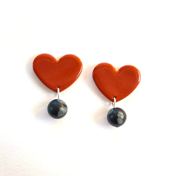 Terracotta Heart Stud Gold or Silver Plated Earrings - Snowflake Obsidian Gemstones