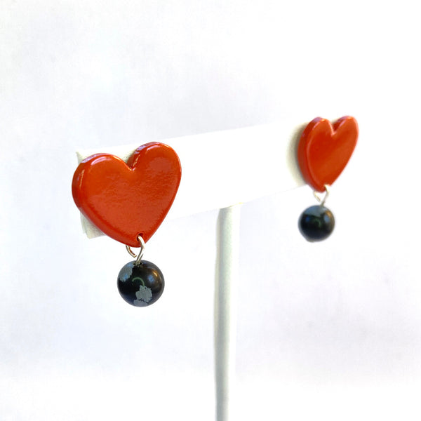 Terracotta Heart Stud Gold or Silver Plated Earrings - Snowflake Obsidian Gemstones