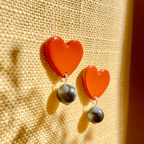 Terracotta Heart Stud Gold or Silver Plated Earrings - Snowflake Obsidian Gemstones