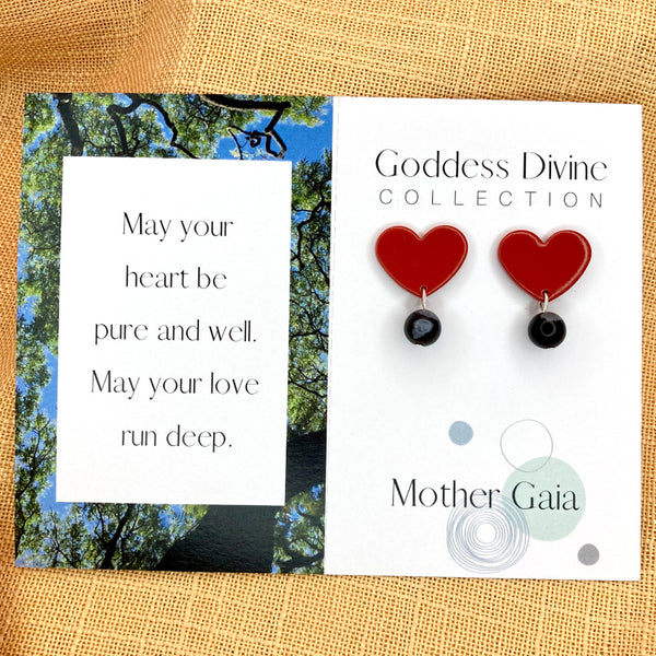 Terracotta Heart Stud Gold or Silver Plated Earrings - Snowflake Obsidian Gemstones