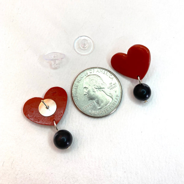 Terracotta Heart Stud Gold or Silver Plated Earrings - Snowflake Obsidian Gemstones