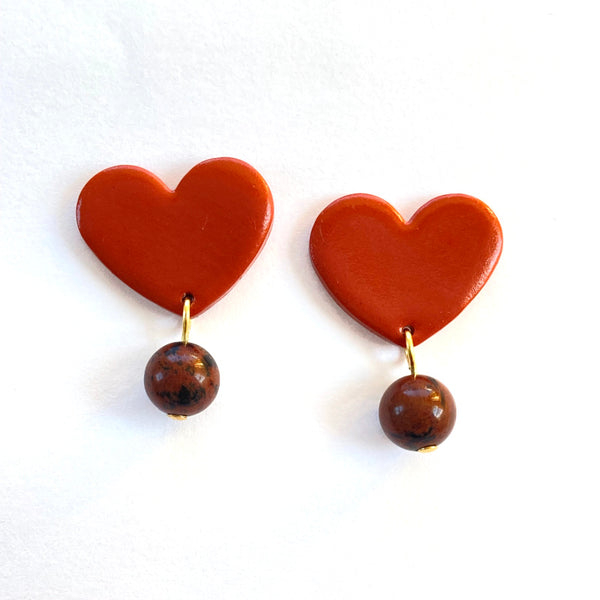 Terracotta Heart Stud Gold or Silver Plated Earrings - Mahogany Obsidian Gemstones
