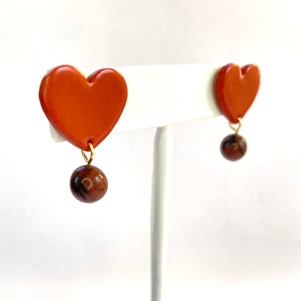 Terracotta Heart Stud Gold or Silver Plated Earrings - Mahogany Obsidian Gemstones