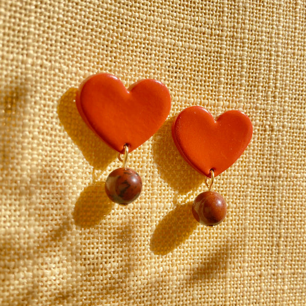 Terracotta Heart Stud Gold or Silver Plated Earrings - Mahogany Obsidian Gemstones