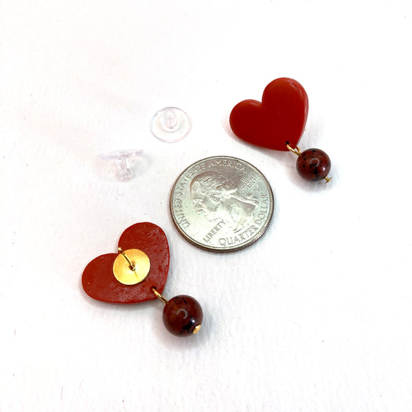 Terracotta Heart Stud Gold or Silver Plated Earrings - Mahogany Obsidian Gemstones