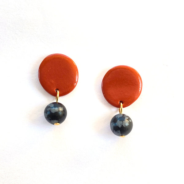 Terracotta Circle Stud Gold or Silver Plated Earrings - Snowflake Obsidian Gemstones