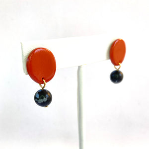 Terracotta Circle Stud Gold or Silver Plated Earrings - Snowflake Obsidian Gemstones