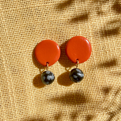 Terracotta Circle Stud Gold or Silver Plated Earrings - Snowflake Obsidian Gemstones