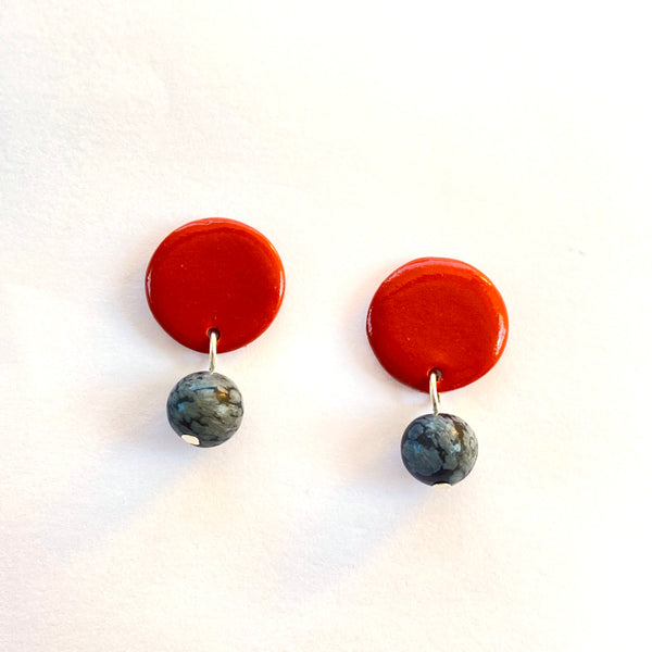 Terracotta Circle Stud Gold or Silver Plated Earrings - Snowflake Obsidian Gemstones