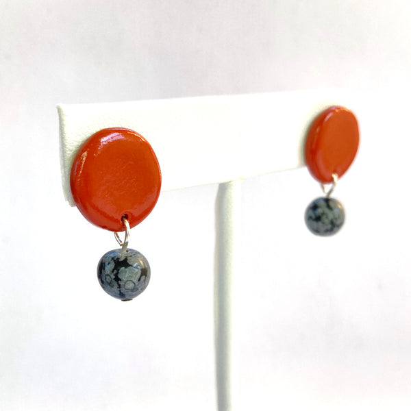 Terracotta Circle Stud Gold or Silver Plated Earrings - Snowflake Obsidian Gemstones