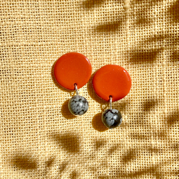 Terracotta Circle Stud Gold or Silver Plated Earrings - Snowflake Obsidian Gemstones