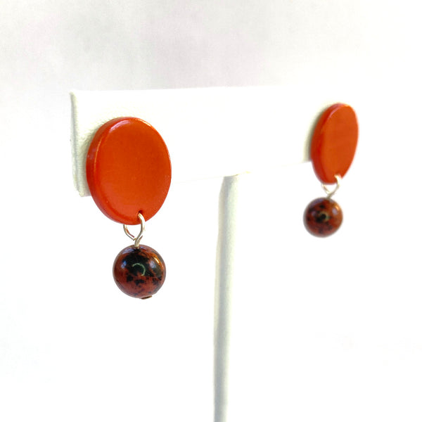 Terracotta Circle Stud Gold or Silver Plated Earrings - Mahogany Obsidian Gemstones