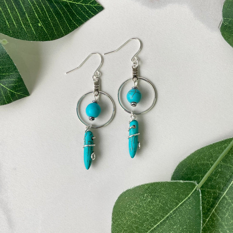 turquoise howlite semi precious gemstone hoop earrings silver plated stainless steel