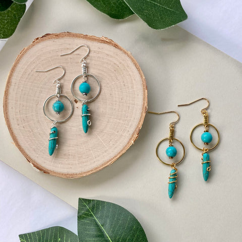 Turquoise Howlite Spike Hoop Earrings - Silver or Gold Plated