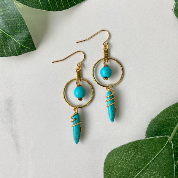 turquoise howlite semi precious gemstone hoop earrings gold plated stainless steel 