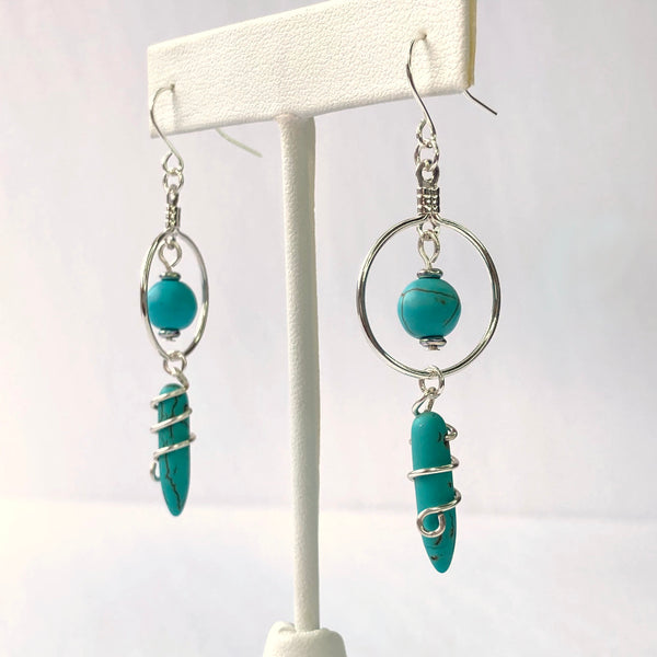 turquoise howlite semi precious gemstone hoop earrings silver plated stainless steel