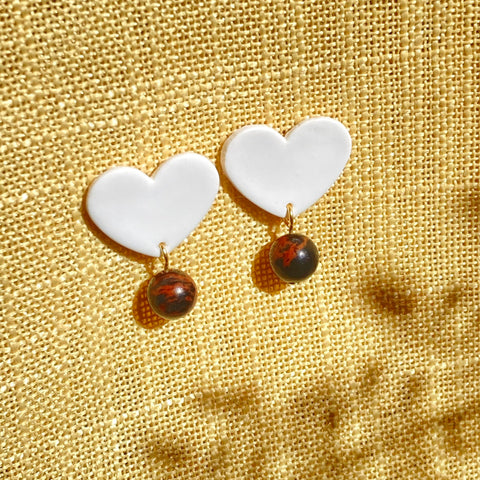 White Heart Stud Gold or Silver Plated Earrings - Mahogany Obsidian Gemstones