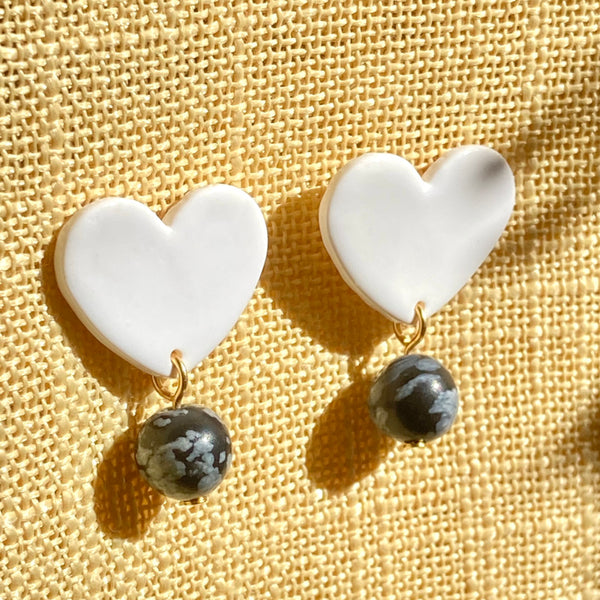 White Heart Stud Gold or Silver Plated Earrings - Snowflake Obsidian Gemstones