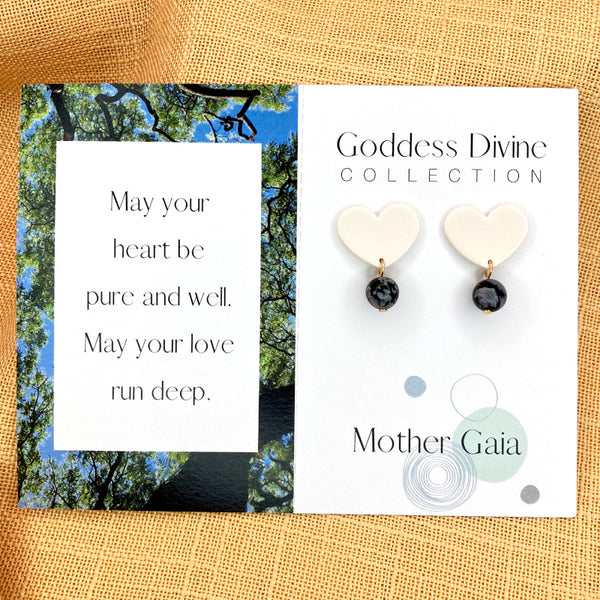 White Heart Stud Gold or Silver Plated Earrings - Snowflake Obsidian Gemstones