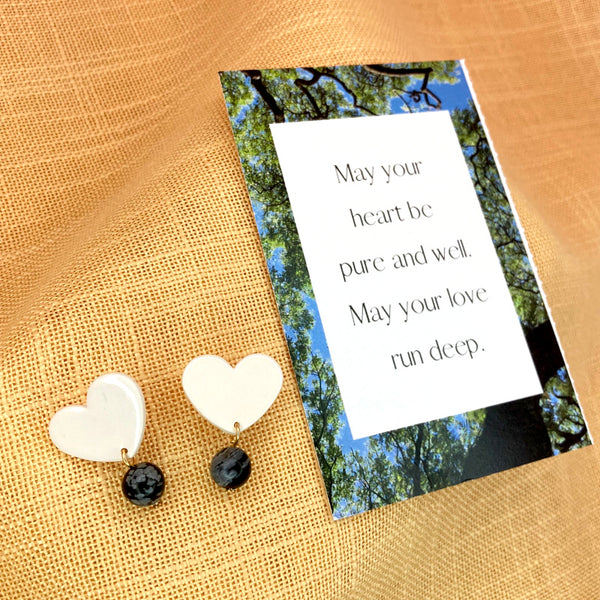 White Heart Stud Gold or Silver Plated Earrings - Snowflake Obsidian Gemstones