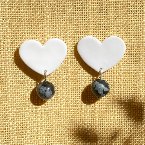 White Heart Stud Gold or Silver Plated Earrings - Snowflake Obsidian Gemstones