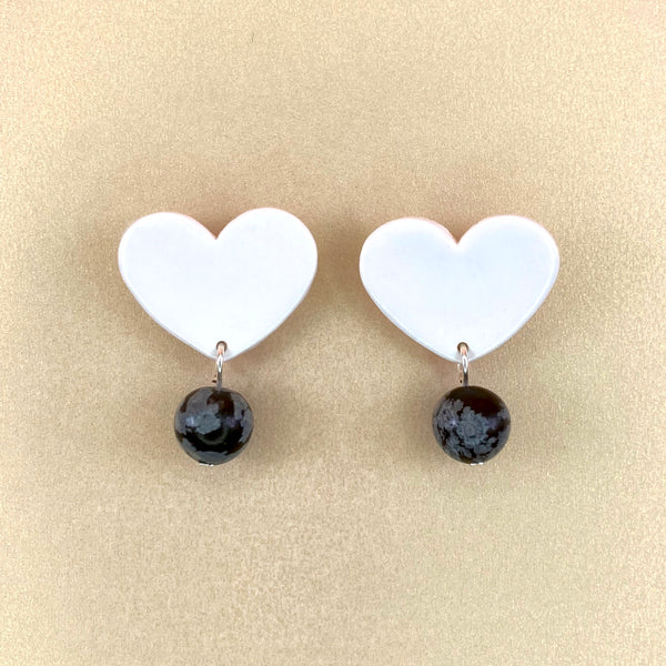 White Heart Stud Gold or Silver Plated Earrings - Snowflake Obsidian Gemstones