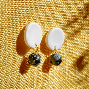 White Circle Stud Gold or Silver Plated Earrings - Snowflake Obsidian Gemstones