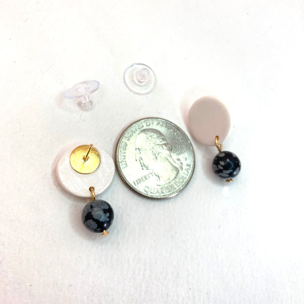 White Circle Stud Gold or Silver Plated Earrings - Snowflake Obsidian Gemstones