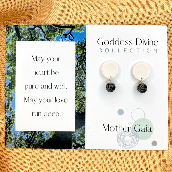White Circle Stud Gold or Silver Plated Earrings - Snowflake Obsidian Gemstones