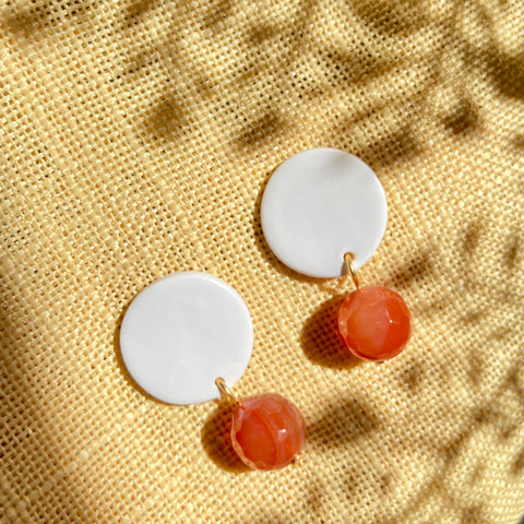 White Circle Stud Gold or Silver Plated Earrings - Carnelian Gemstones