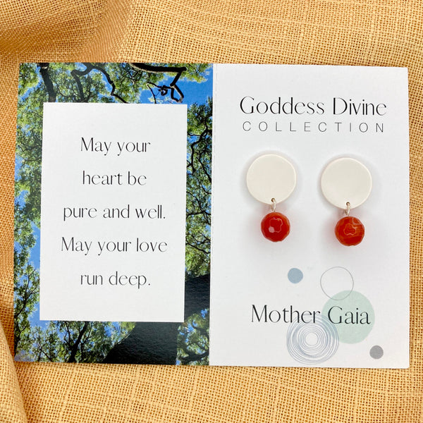 White Circle Stud Gold or Silver Plated Earrings - Carnelian Gemstones