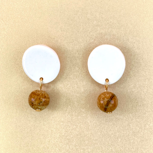 White Circle Stud Gold or Silver Plated Earrings - Picture Jasper Gemstones